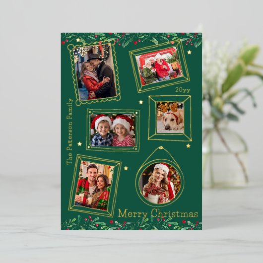 Merry Christmas Doodle Lijst Multi Photo Floral Folie Feestdagenkaart (Staand Voorkant)