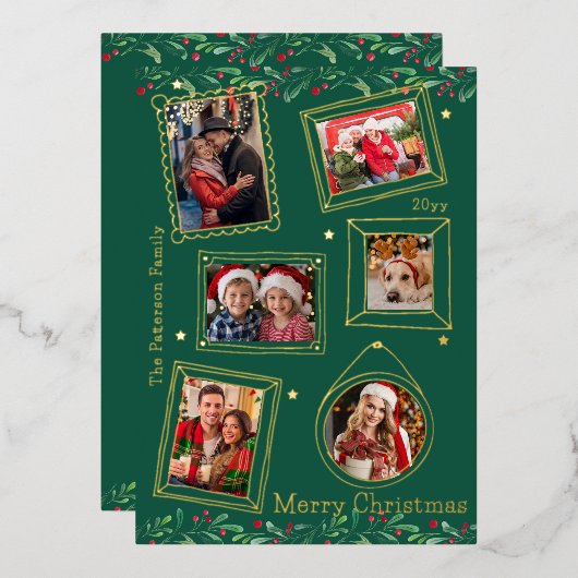 Merry Christmas Doodle Lijst Multi Photo Floral Folie Feestdagenkaart (Voorkant / Achterkant)