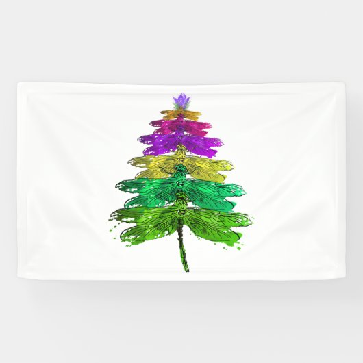 Merry Christmas Dragonfly Christmas Tree T-Shirt Spandoek (Horizontaal)