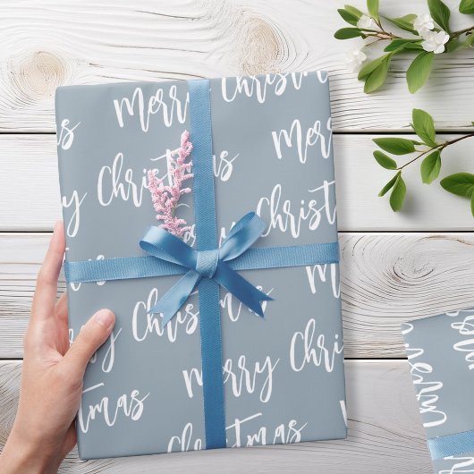 Merry Christmas Dusty Blue Elegant Script Patroon Cadeaupapier
