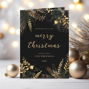 Merry Christmas Elegant Botanical Zwart Goud Feestdagen Kaart