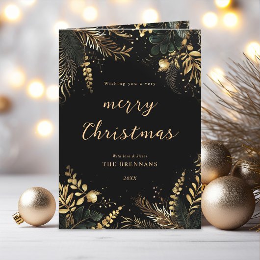 Merry Christmas Elegant Botanical Zwart Goud Feestdagen Kaart