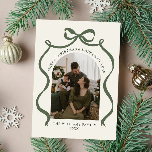 Merry Christmas Elegant Bow Photo Holiday Card Feestdagenkaart