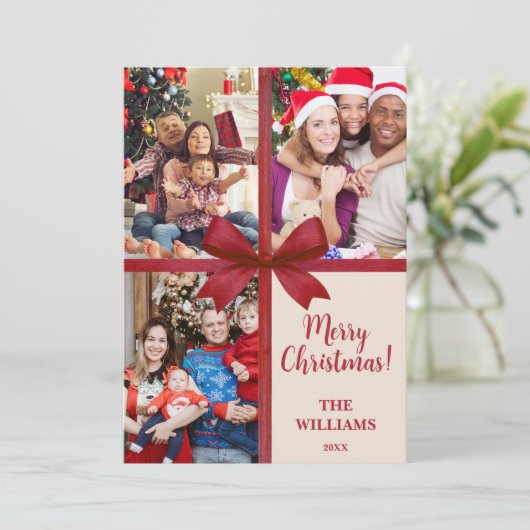 Merry Christmas Elegant Bow Present Photo Collage  Feestdagenkaart (Staand voorkant)