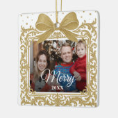 Merry Christmas Elegant Bow Present Photo Collage Keramisch Ornament (Links)
