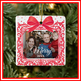  Merry Christmas Elegant Bow Present Photo Collage Keramisch Ornament
