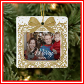 Merry Christmas Elegant Bow Present Photo Collage Keramisch Ornament