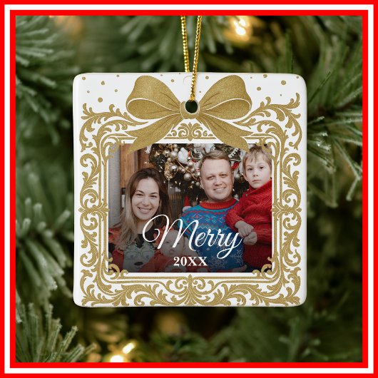 Merry Christmas Elegant Bow Present Photo Collage Keramisch Ornament