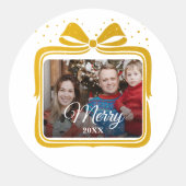Merry Christmas Elegant Bow Present Photo Collage Ronde Sticker (Voorkant)