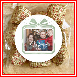  Merry Christmas Elegant Bow Present Photo Collage Ronde Sticker