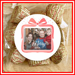  Merry Christmas Elegant Bow Present Photo Collage Ronde Sticker