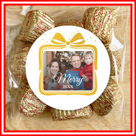 Merry Christmas Elegant Bow Present Photo Collage Ronde Sticker