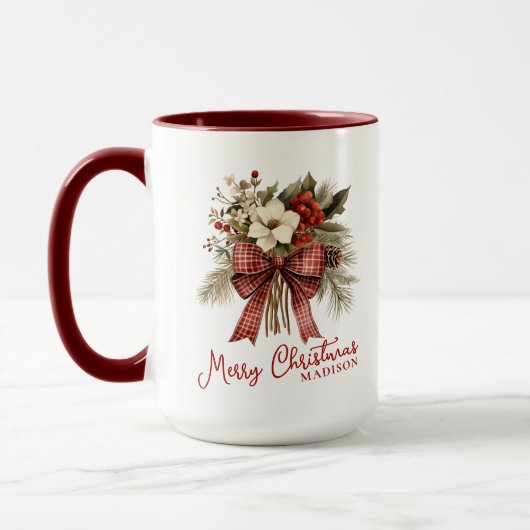 Merry Christmas Elegant Floral Personalized Name Mok (Links)