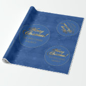 Merry Christmas Elegant Goud Script Blauw Cadeaupapier (Uitgerold)