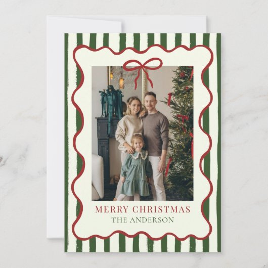 Merry Christmas Elegant Red Bow Photo Holiday Card Feestdagenkaart (Voorkant)