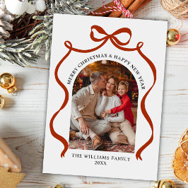 Merry Christmas Elegant Red Bow Photo Holiday Card Feestdagenkaart