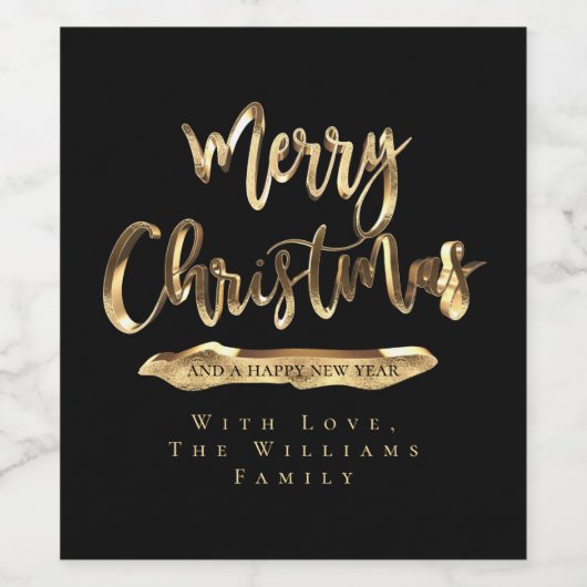 Merry Christmas Elegant Script Zwart en Goud Wijn Etiket (Enkel label)