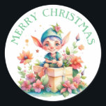 Merry Christmas Elf Waterverf Illustratie Ronde Sticker<br><div class="desc">roze bloemetjes rondom een schattig elfje gepersonaliseerde Kerst stickers.</div>