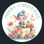 Merry Christmas Elf Waterverf Illustratie Ronde Sticker<br><div class="desc">roze bloemetjes rondom een schattig elfje gepersonaliseerde Kerst stickers.</div>