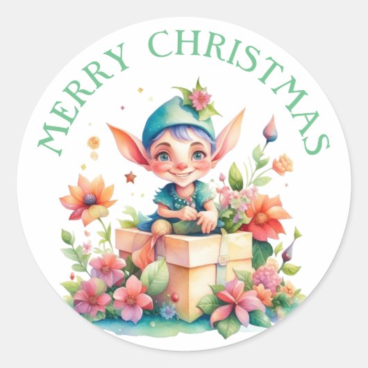 Merry Christmas Elf Waterverf Illustratie Ronde Sticker (Voorkant)