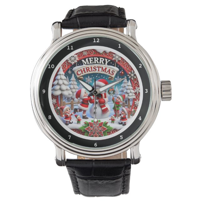 Merry Christmas Elves and Snowman on a Decorative Horloge (Voorkant)