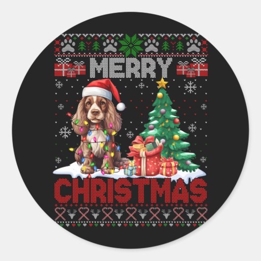 Merry Christmas Er Spaniel Hondenliefhebbers Ugly Ronde Sticker (Voorkant)