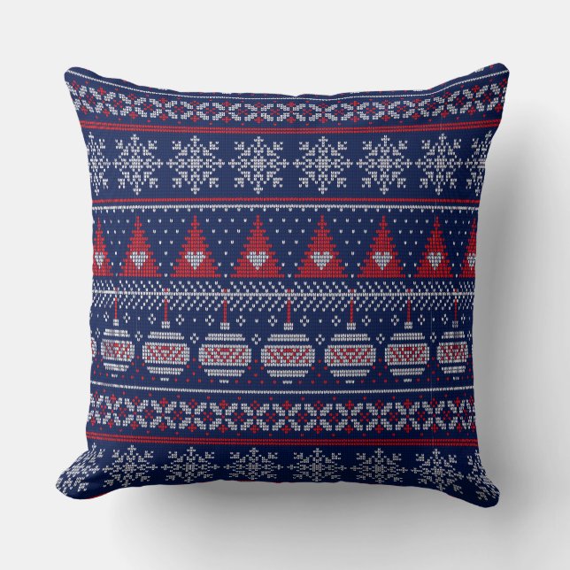 Merry Christmas Fairisle breipatroon rood blauw Kussen (Voorkant)