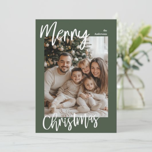 Merry Christmas Family Photo Card | Green Frame  Feestdagenkaart (Staand voorkant)