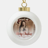 Merry Christmas Family Photo Roos Gold Script Keramische Bal Ornament (Voorkant)