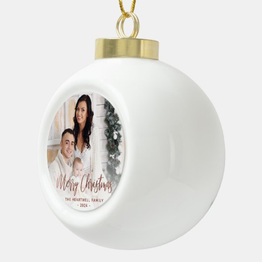 Merry Christmas Family Photo Roos Gold Script Keramische Bal Ornament (Rechts)