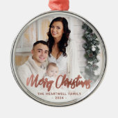 Merry Christmas Family Photo Roos Gold Script Metalen Ornament (Voorkant)