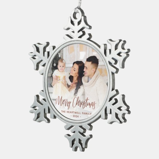 Merry Christmas Family Photo Roos Gold Script Tin Sneeuwvlok Ornament (Rechts)