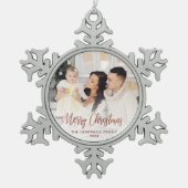 Merry Christmas Family Photo Roos Gold Script Tin Sneeuwvlok Ornament (Voorkant)