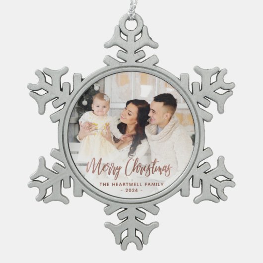 Merry Christmas Family Photo Roos Gold Script Tin Sneeuwvlok Ornament (Voorkant)
