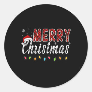Merry Christmas Family Red Plaid Xmas Lights Manne Ronde Sticker