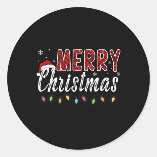Merry Christmas Family Red Plaid Xmas Lights Manne Ronde Sticker (Voorkant)