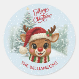 Merry Christmas Faux Crochet Reindeer Snow Ronde Sticker