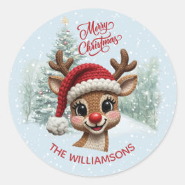 Merry Christmas Faux Crochet Reindeer Snow Ronde Sticker