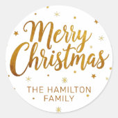 Merry Christmas Faux Gold Casual Script Snowflake Ronde Sticker (Voorkant)