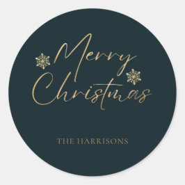 Merry Christmas Faux Gold Foil Navy Casual Script Ronde Sticker