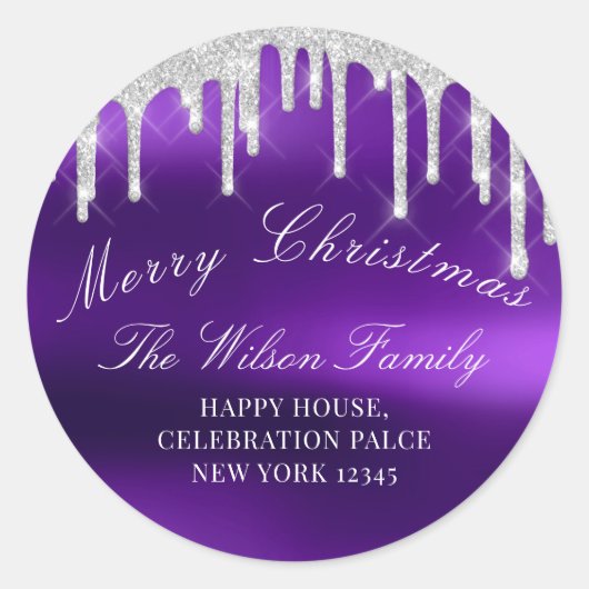 Merry Christmas Feestdagen RSVP Paarse Classy Silv Ronde Sticker (Voorkant)