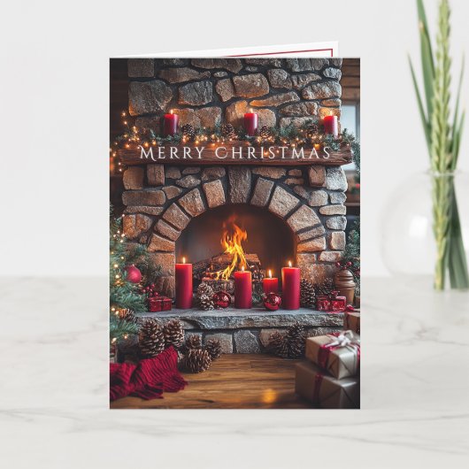 Merry Christmas  Fireplace Red Candles Pine Cones Kaart (Voorkant)