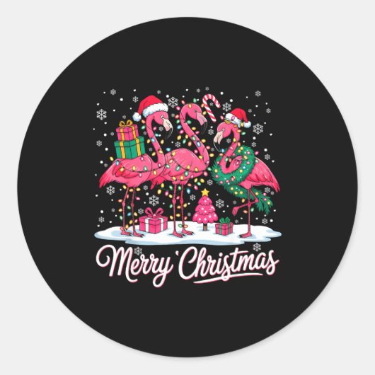 Merry Christmas Flamingo Lights Santa Hat Snow Xma Ronde Sticker (Voorkant)