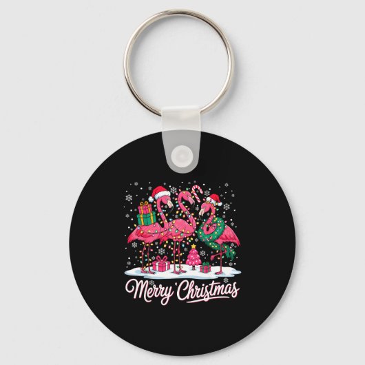 Merry Christmas Flamingo Lights Santa Hat Snow Xma Sleutelhanger (Voorkant)