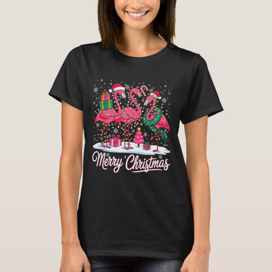 Merry Christmas Flamingo Lights Santa Hat Snow Xma T-shirt (Voorkant)