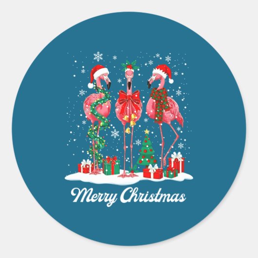 Merry Christmas Flamingo Santa Hat Christmas Light Ronde Sticker (Voorkant)