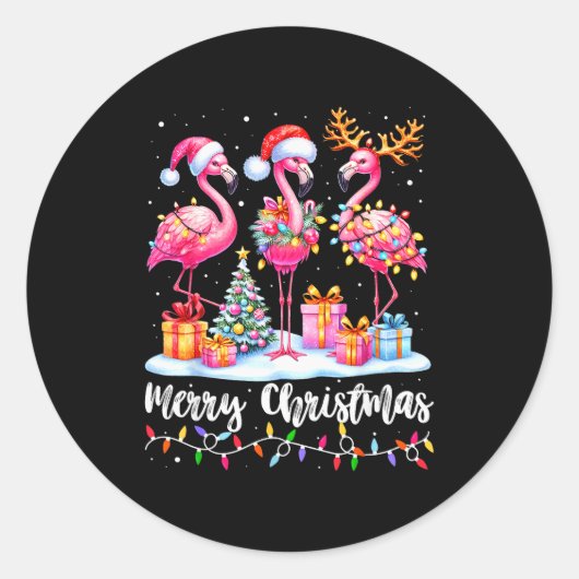 Merry Christmas Flamingo Santa Hat Xmas Pajamas Ho Ronde Sticker (Voorkant)