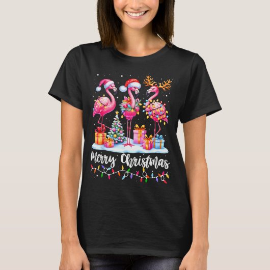 Merry Christmas Flamingo Santa Hat Xmas Pajamas Ho T-shirt (Voorkant)