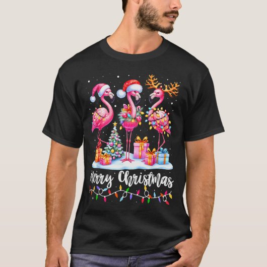 Merry Christmas Flamingo Santa Hat Xmas Pajamas Ho T-shirt (Voorkant)