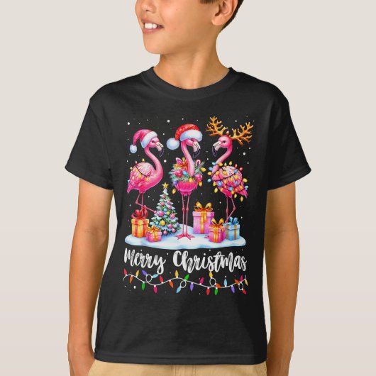 Merry Christmas Flamingo Santa Hat Xmas Pajamas Ho T-shirt (Voorkant)